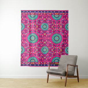 Vibrant Pink Moroccan Boho Floral Tapestry