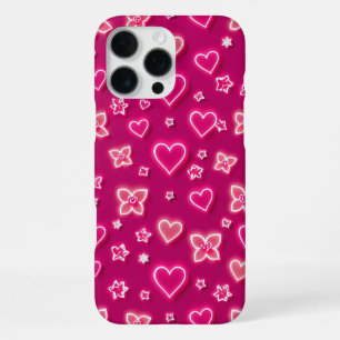 Vibrant Pink Neon Hearts and Flowers Retro Pattern iPhone 16 Pro Max Case