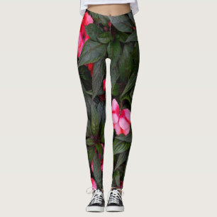 Vibrant Pink New Guinea Impatiens Flowers Pattern Leggings