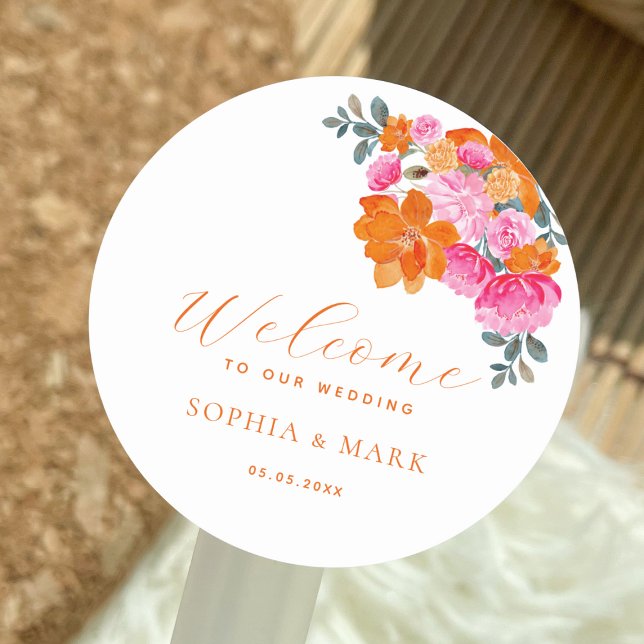 Vibrant Pink Orange Floral Summer Wedding Welcome Classic Round Sticker (Creator Uploaded)