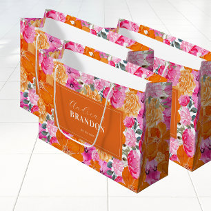 Vibrant Pink & Orange Garden Floral Names Wedding Large Gift Bag