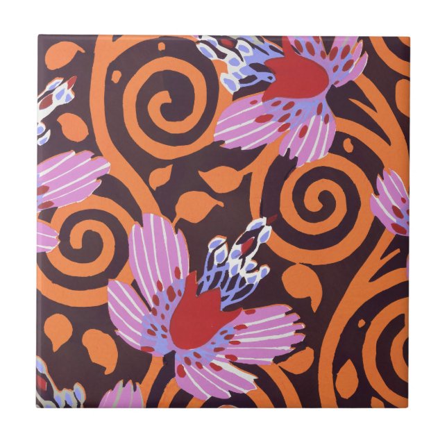 Vibrant Pink & Orange Swirl Art Deco Flower Ceramic Tile (Front)