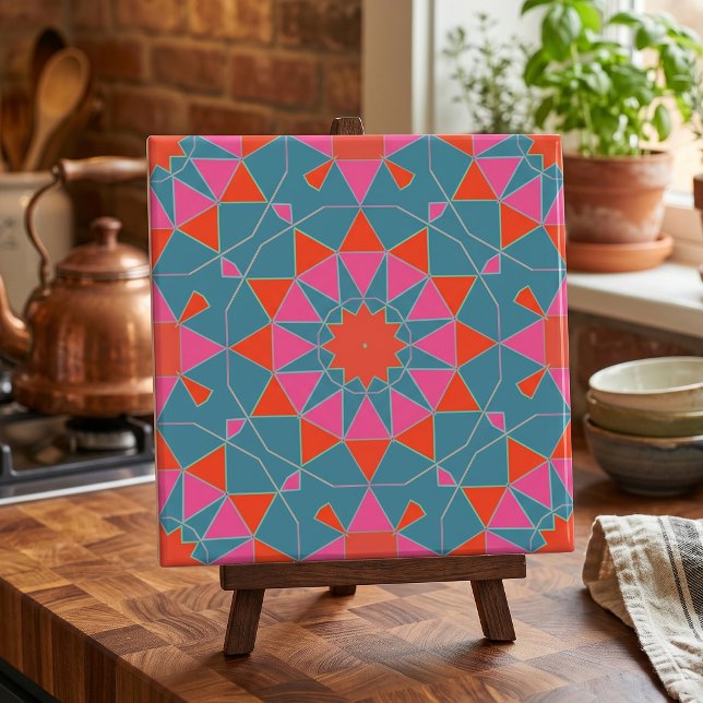 Vibrant Pink Orange Teal Abstract Geometric Ceramic Tile (Creator Uploaded)