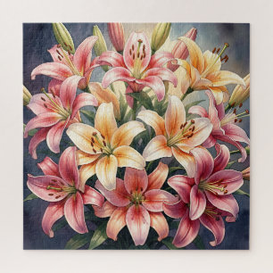 Vibrant Pink Orange White Lilies Watercolor Floral Jigsaw Puzzle