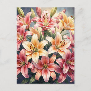 Vibrant Pink Orange White Lilies Watercolor Floral Postcard