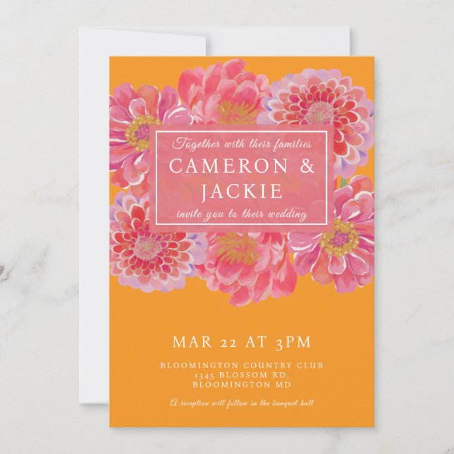 Vibrant Pink Orange Zinnia Wedding  Invitation (Front)