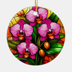 Vibrant Pink Orchids and Green Leaves Ceramic Ornament
