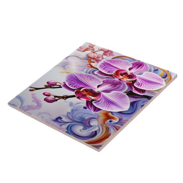 Vibrant Pink Orchids in Artistic Background Ceramic Tile (Side)