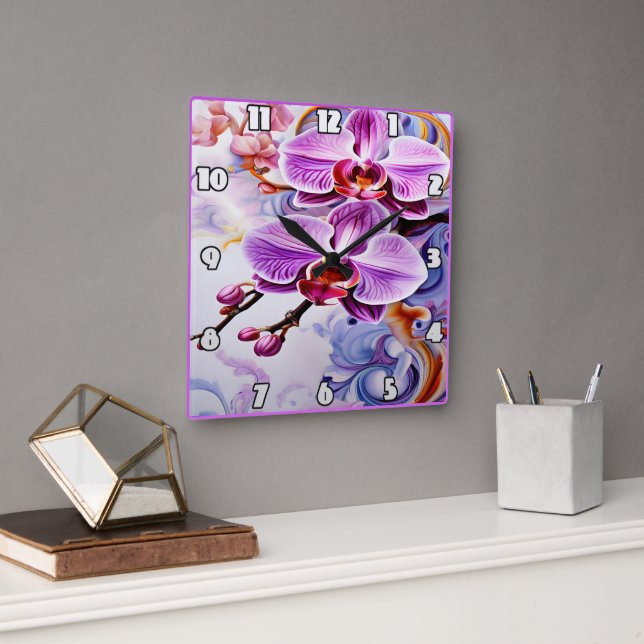 Vibrant Pink Orchids in Artistic Background Square Wall Clock (Office)