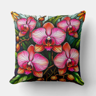 Vibrant Pink Orchids in Stained Glass Artwork Cushion