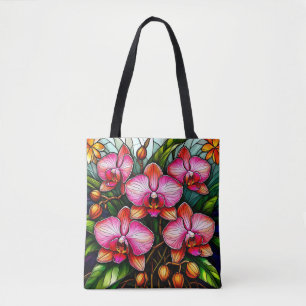 Vibrant Pink Orchids in Stained Glass Artwork Tote Bag