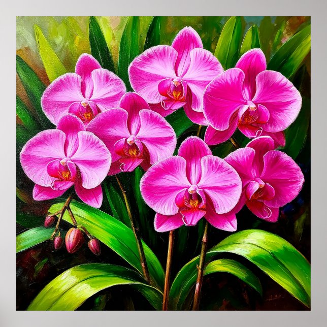 Vibrant Pink Orchids Surrounded by Lush Greenery Poster (Front)