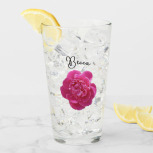 Vibrant Pink Peony Flower Personalised Glass