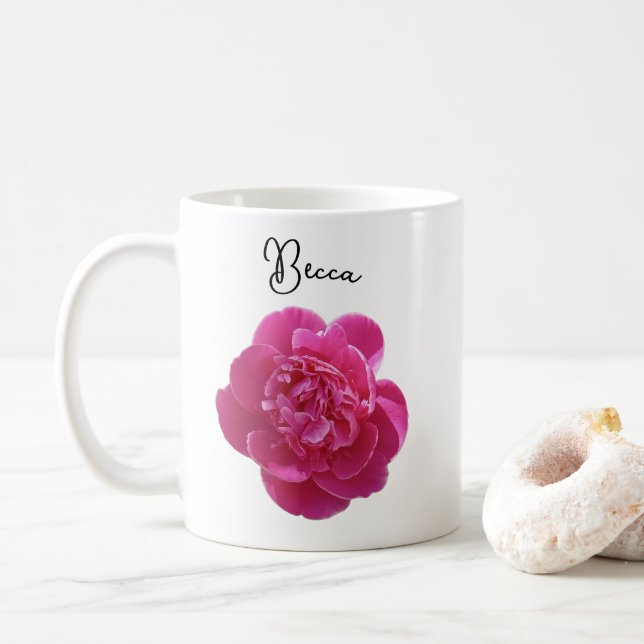 Vibrant Pink Peony Flower Personalised Mug (With Donut)