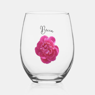 Vibrant Pink Peony Flower Personalised Stemless Wine Glass