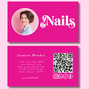 Vibrant Pink Photo Nails QR Code Social Icons  Business Card