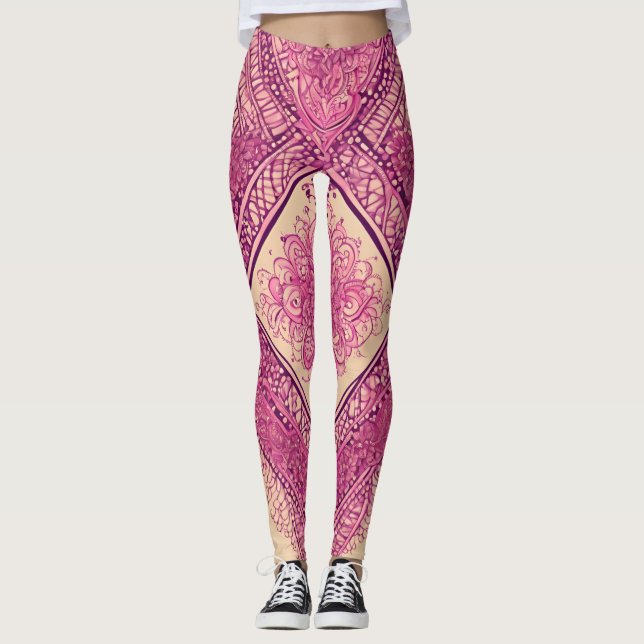 Vibrant pink & plum mandala henna  AI art  Leggings (Front)