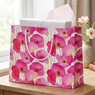 Vibrant Pink Poppy Floral Pattern Large Gift Bag