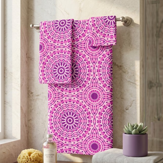 Vibrant Pink Purple and White Moroccan Pattern Bath Towel Set (Creator Uploaded)