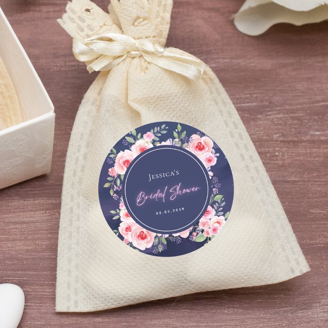 Vibrant Pink & Purple Floral Neon Bridal Shower Classic Round Sticker (Creator Uploaded)