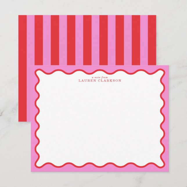 Vibrant Pink & Red Modern Wavy Border Note Card (Front/Back)