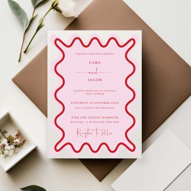 Vibrant Pink Red Wavy Border Wedding Invitation (Creator Uploaded)