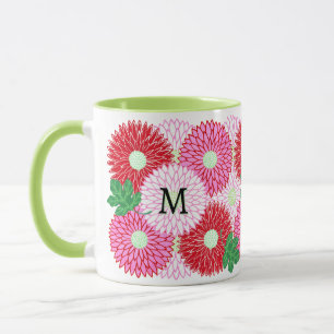 Vibrant Pink Red White Graphic Floral Monogram Mug