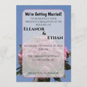Vibrant Pink Rose Bouquet & Blue Sky Summer Invitation