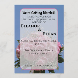 Vibrant Pink Rose Bouquet & Blue Sky Summer  Invitation