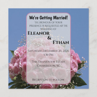 Vibrant Pink Rose Bouquet & Blue Sky Summer  Invitation