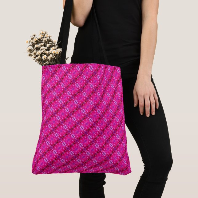 Vibrant pink rose petals diagonal floral pattern tote bag (Close Up)