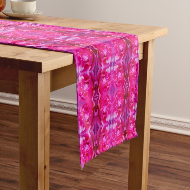 Vibrant pink rose petals floral pattern short table runner (In Situ)