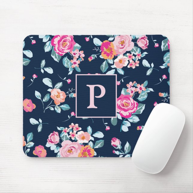 Vibrant Pink Roses Floral Monogram Mouse Pad (With Mouse)