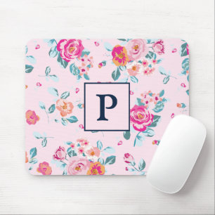 Vibrant Pink Roses Floral On Blush Monogram Mouse Pad