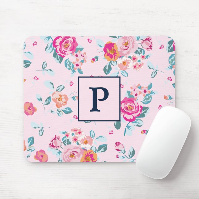 Vibrant Pink Roses Floral On Blush Monogram Mouse Pad (With Mouse)