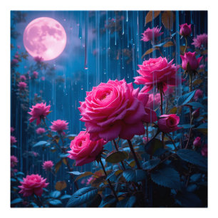 Vibrant Pink Roses in a Moonlit Rainy Garden Photo Print