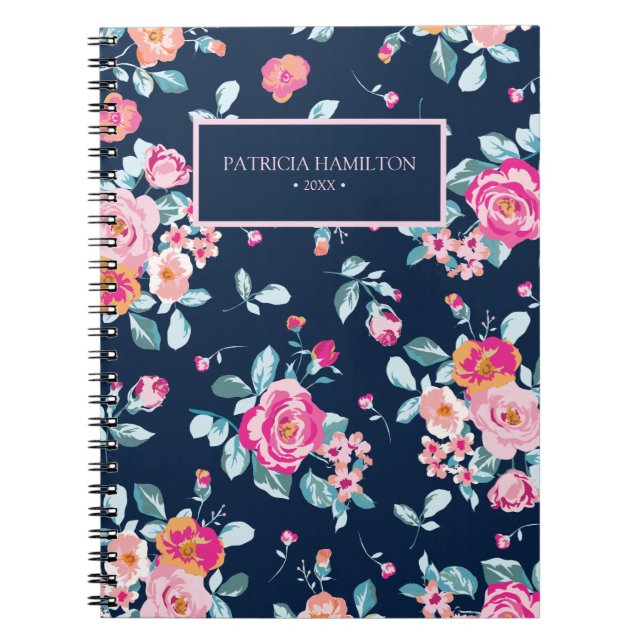 Vibrant Pink Roses Vintage Floral Pattern Notebook (Front)