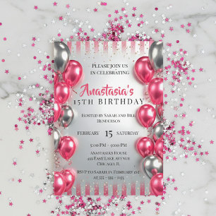 Vibrant Pink Silver Balloons Glitter 15th Birthday Invitation