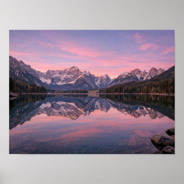 Vibrant Pink Sunset Mountain Lake Reflection Poster (Front)