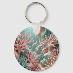 Vibrant Pink Teal Coral Reef Underwater Ocean Key Ring