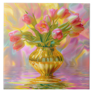 Vibrant Pink Tulips in Golden Vase Ceramic Tile