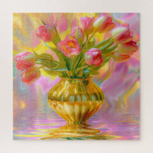 Vibrant Pink Tulips in Golden Vase