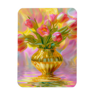 Vibrant Pink Tulips in Golden Vase Magnet