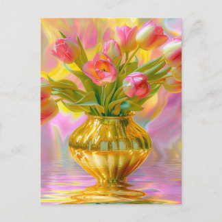 Vibrant Pink Tulips in Golden Vase Postcard