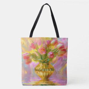 Vibrant Pink Tulips in Golden Vase Tote Bag