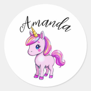 Vibrant Pink Unicorn Girl Name Classic Round Sticker