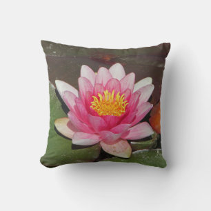 Vibrant Pink Water Lily with Lily Pads Photograph Cushion