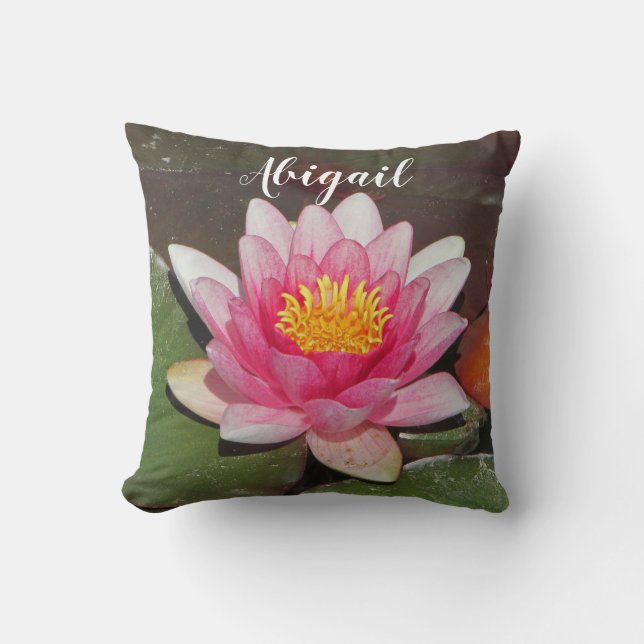 Vibrant Pink Water Lily with Lily Pads Photograph Cushion (Front)