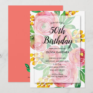 Vibrant Pink Watercolor Floral Birthday Invitation