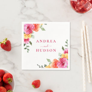 Vibrant Pink Watercolor Floral Wedding Napkin